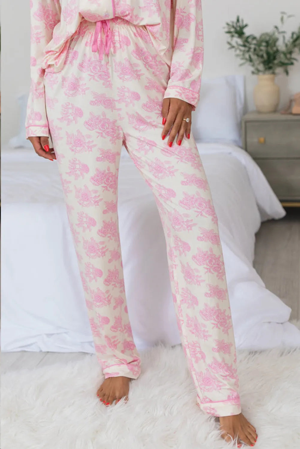 Printed Button Up Long Sleeve Top and Pants Lounge Set  Trendsi   