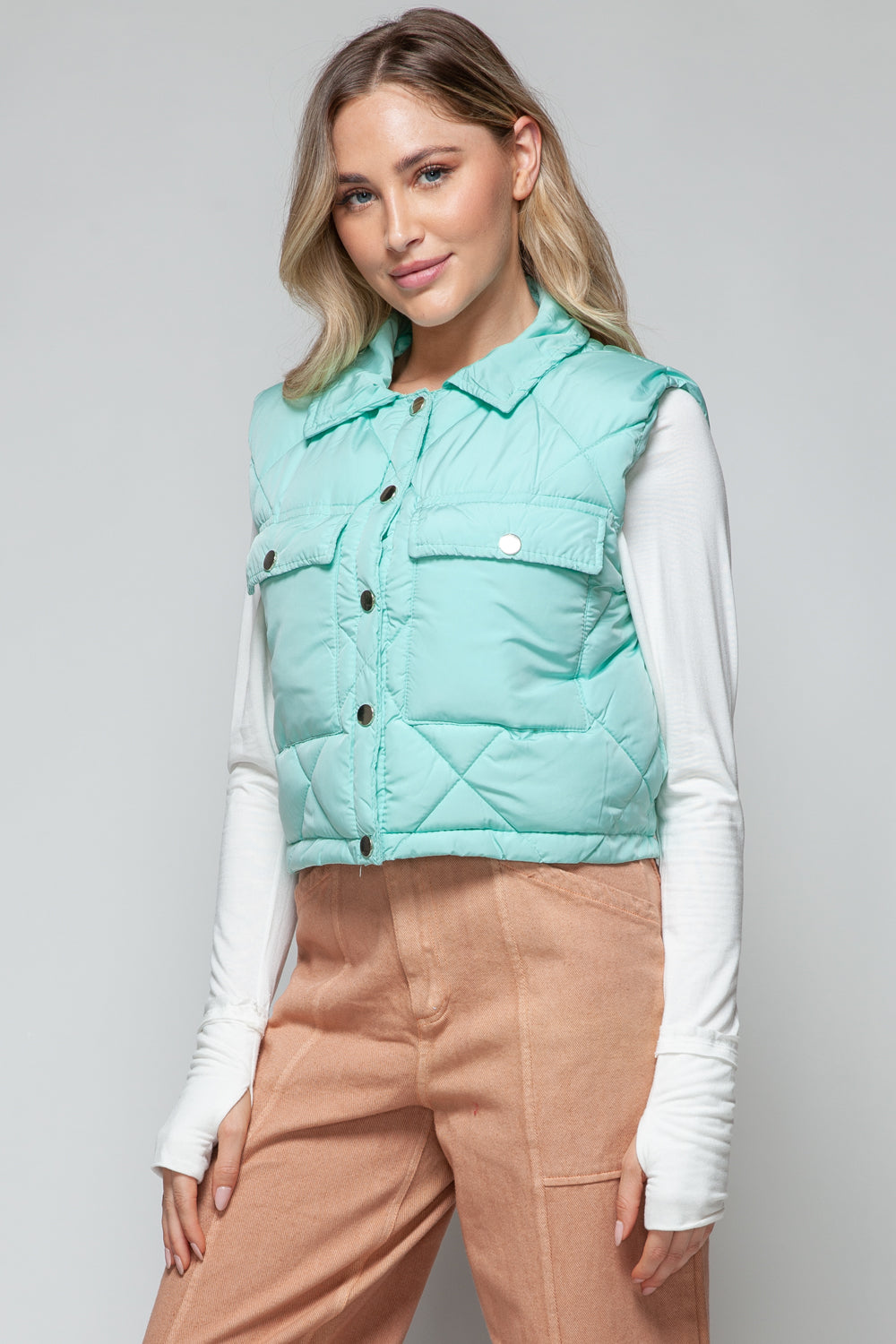 Snobbish Snap Down Quilted Crop Vest  Trendsi   