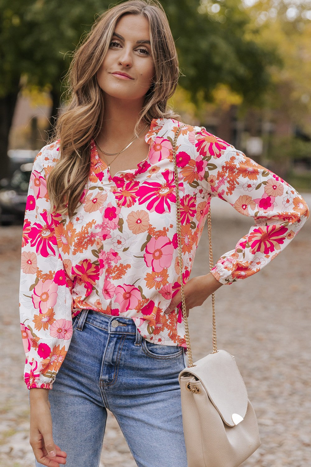 Floral V-Neck Frill Long Sleeve Blouse Blouse Trendsi Floral S 