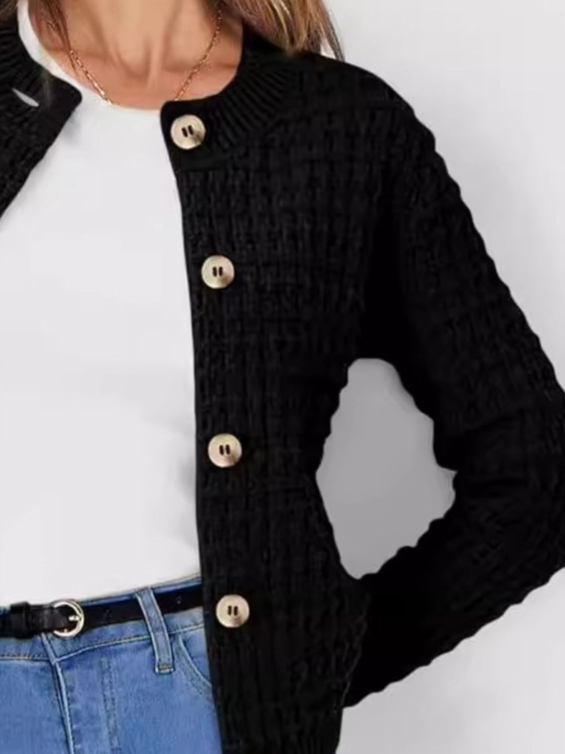 Button Up Round Neck Long Sleeve Cardigan  Trendsi   