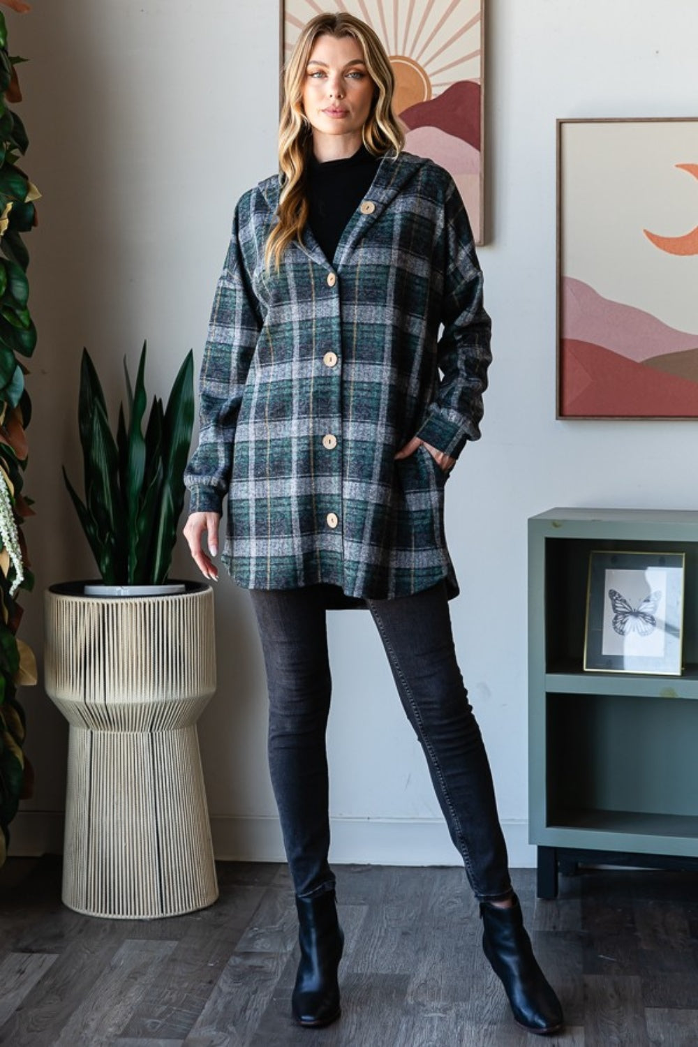 Heimish Plaid Button Down Long Sleeve Hooded Cardigan  Trendsi   