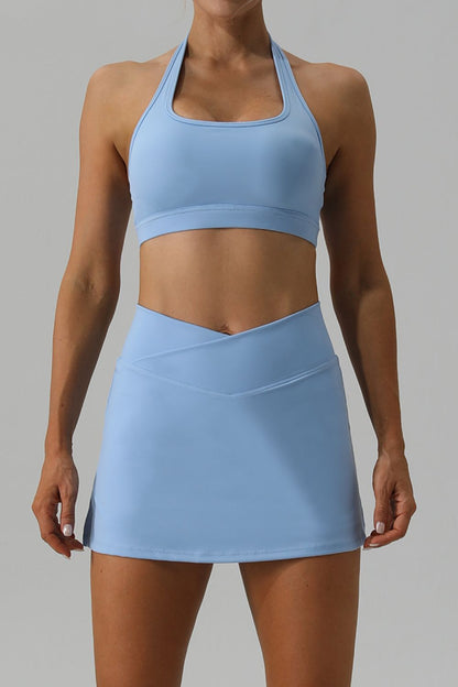 Halter Neck Tank and Slit Skirt Active Set  Trendsi Light Blue S 