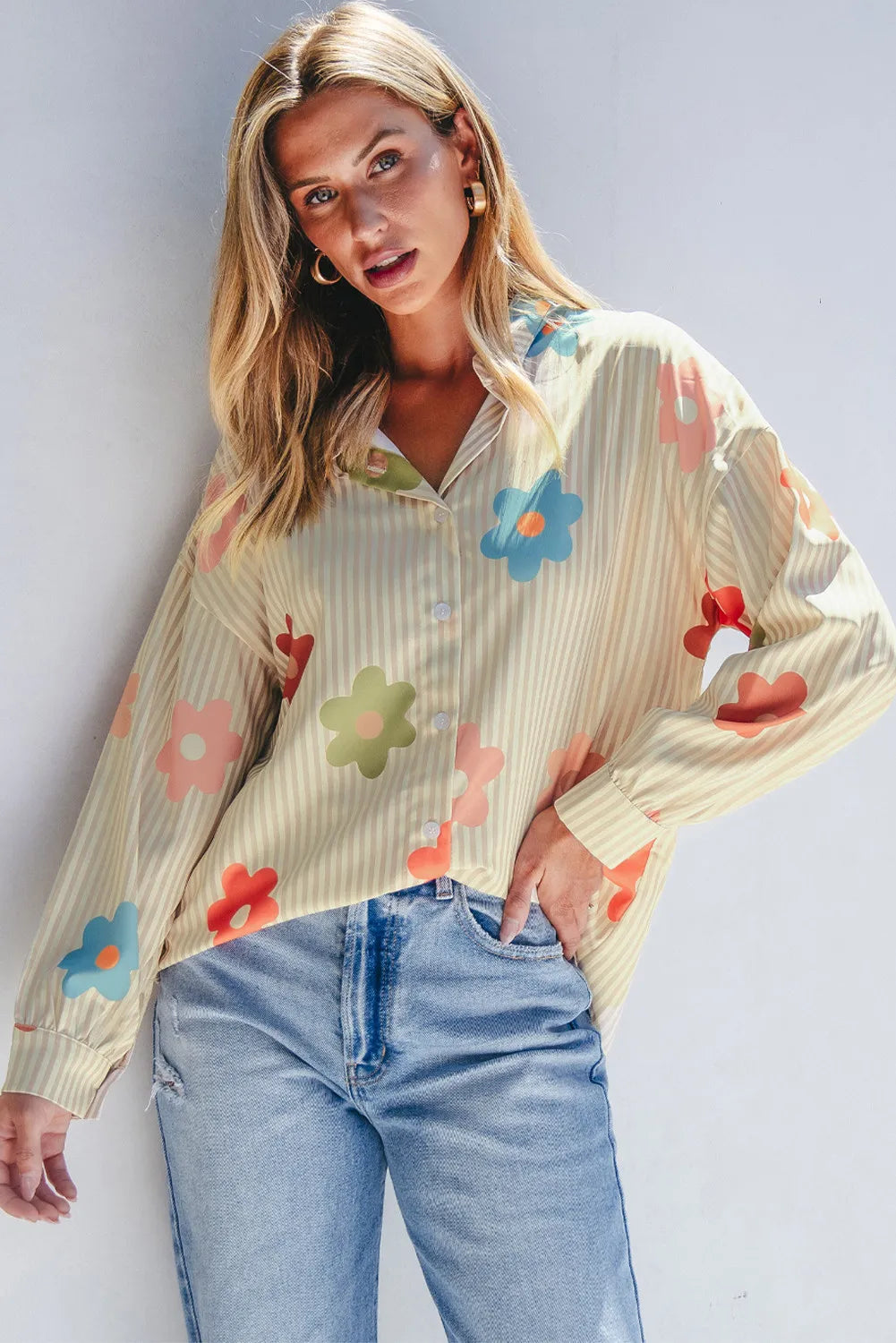 Striped Flower Button Up Long Sleeve Shirt Blouse Trendsi   