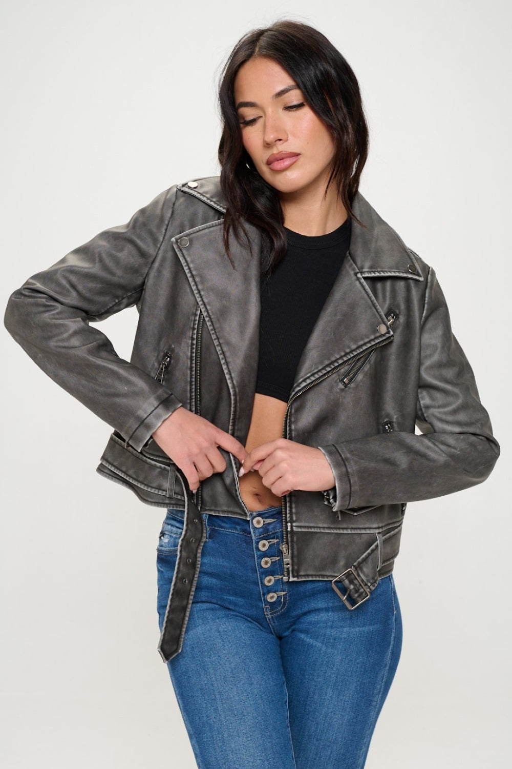 Coalition LA Zip Up Biker Jacket with Belt  Trendsi   