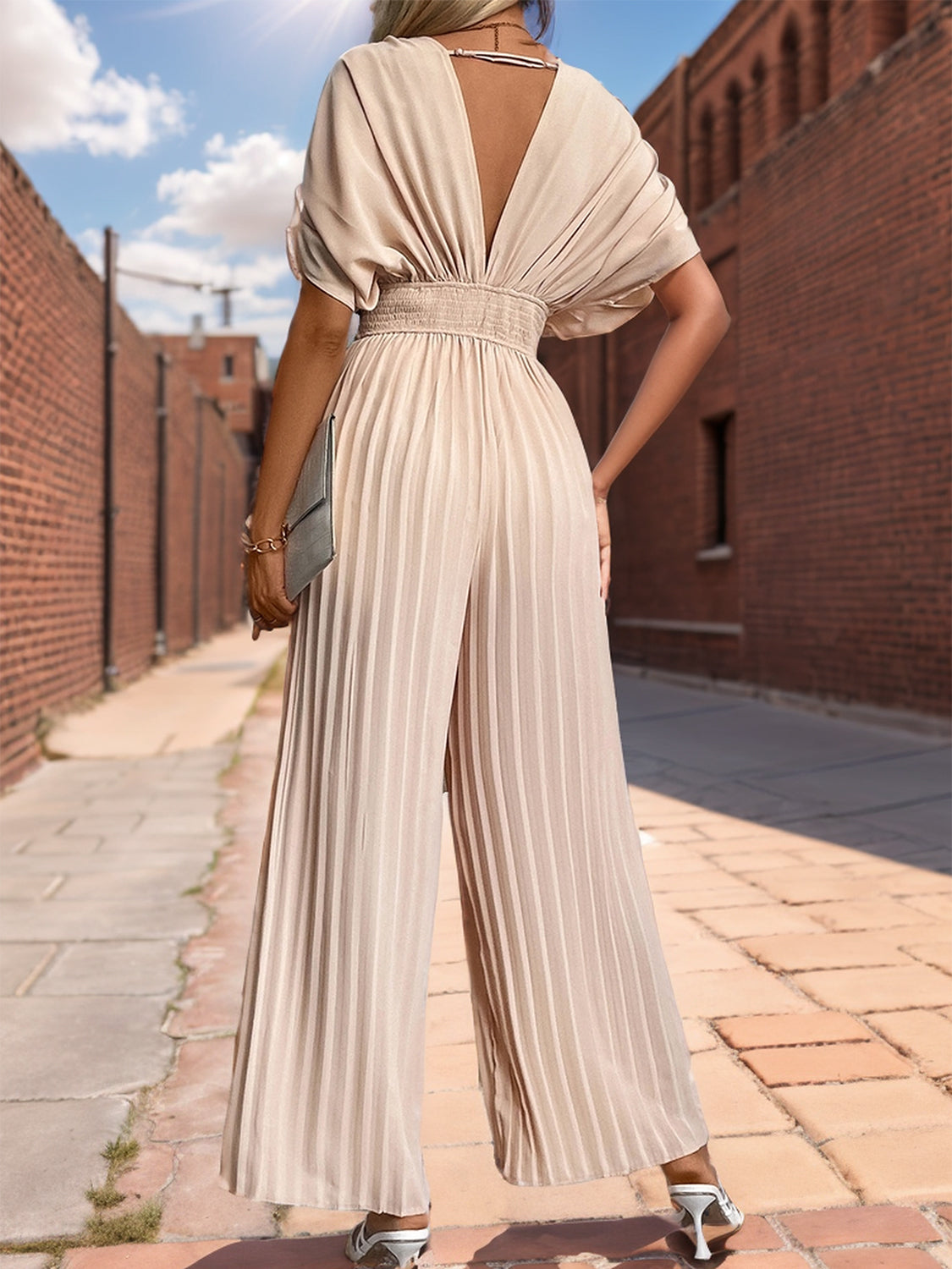 Perfee Pleated Short Sleeve Wide Leg Jumpsuit  Trendsi   