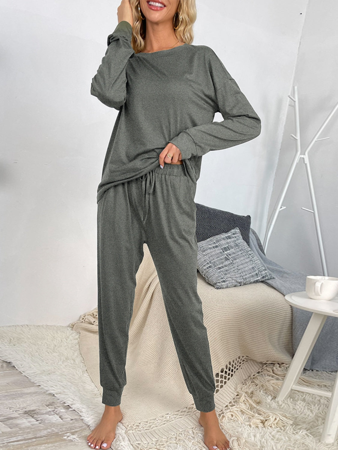 Shiny Round Neck Top and Drawstring Pants Lounge Set  Trendsi   