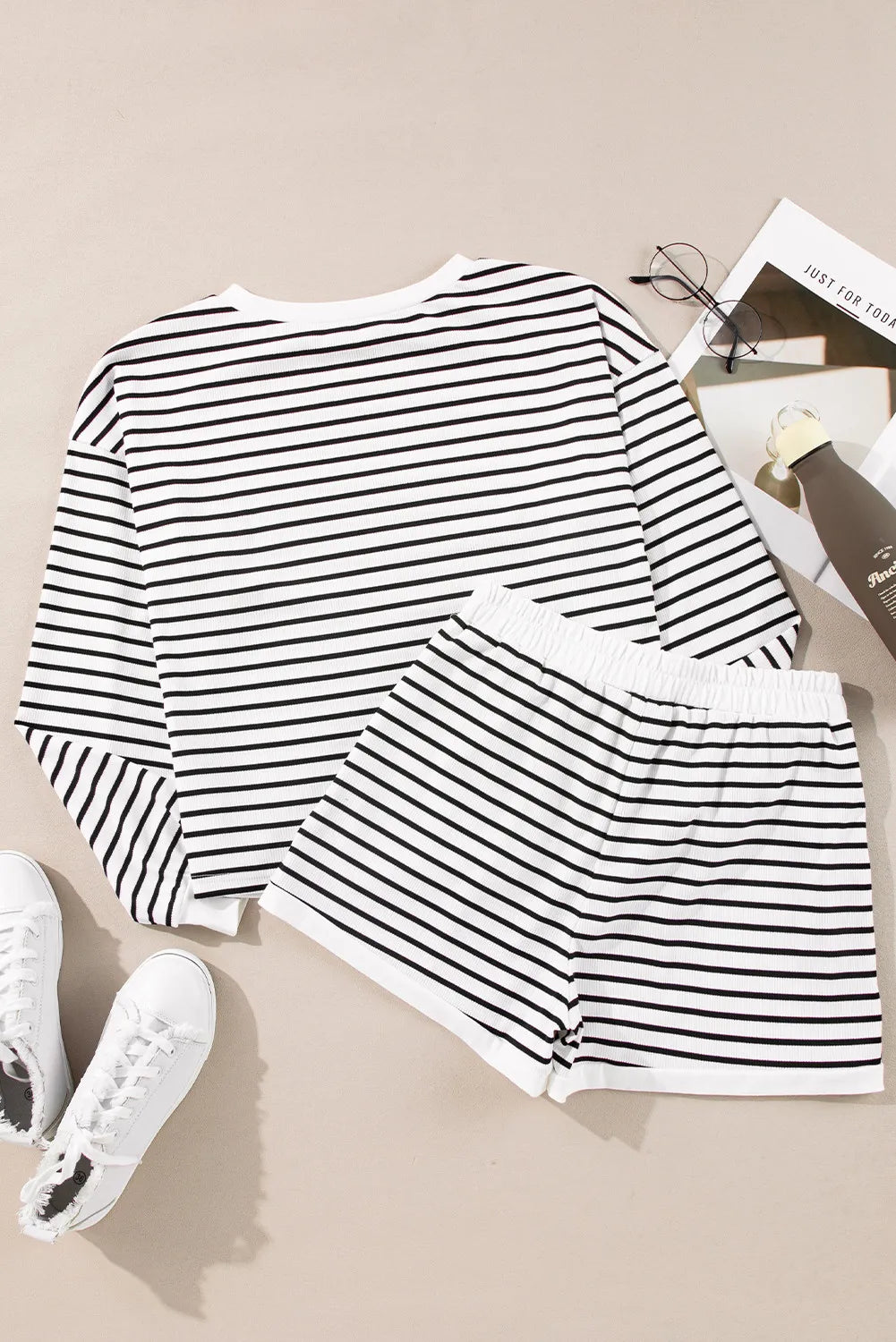 Striped Round Neck Long Sleeve Top and Shorts Set  Trendsi   