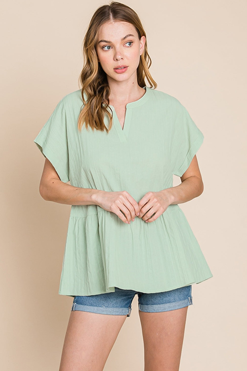 Cotton Bleu by Nu Lab Ruched Notched Short Sleeve Blouse  Trendsi   