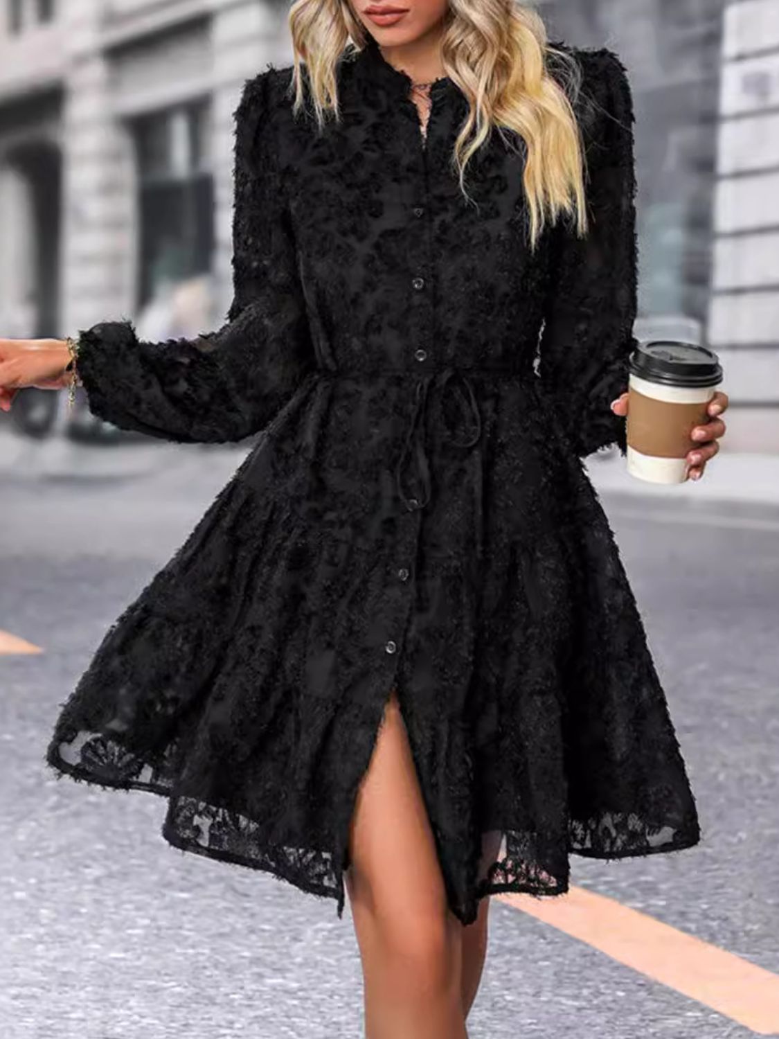 Lace Button Down Long Sleeve Mini Dress  Trendsi   