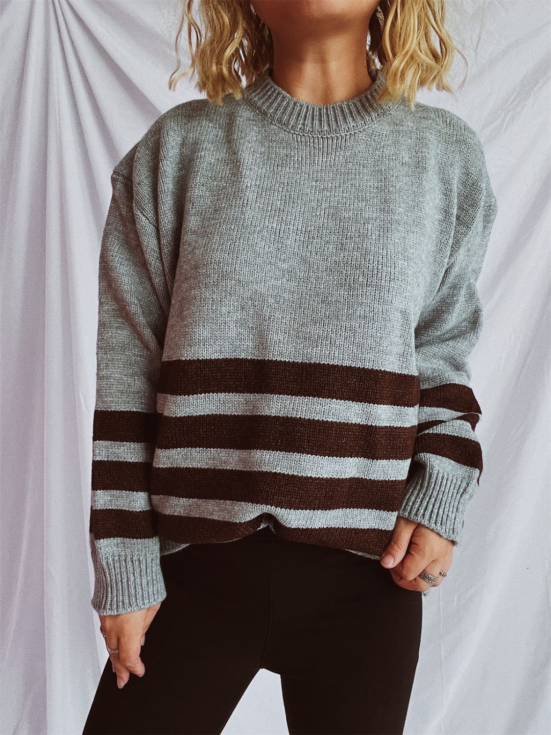 Striped Dropped Shoulder Long Sleeve Sweater  Trendsi   