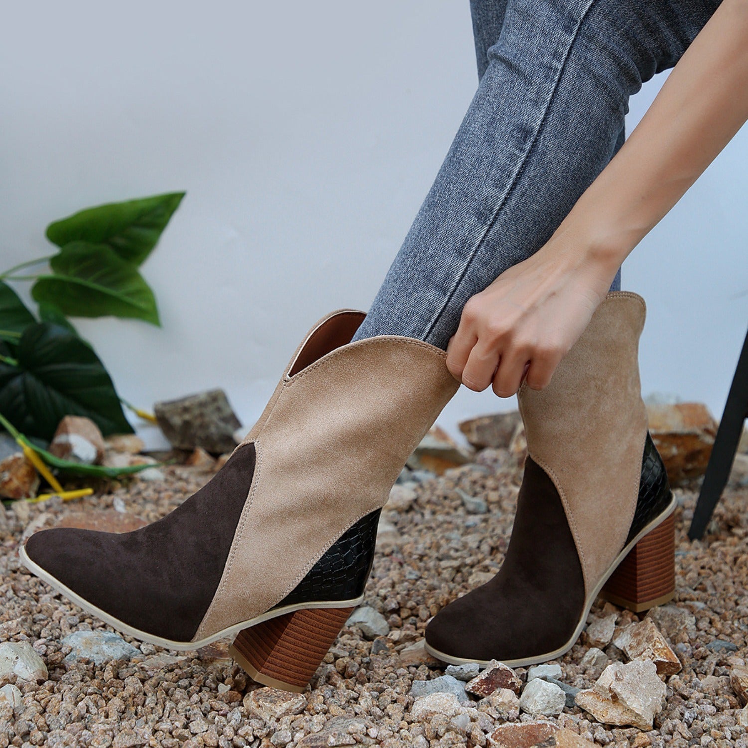 Suede Square Toe Block Heel Boots  Trendsi   