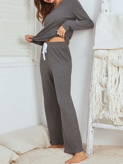 Notched Long Sleeve Top and Pants Set  Trendsi   