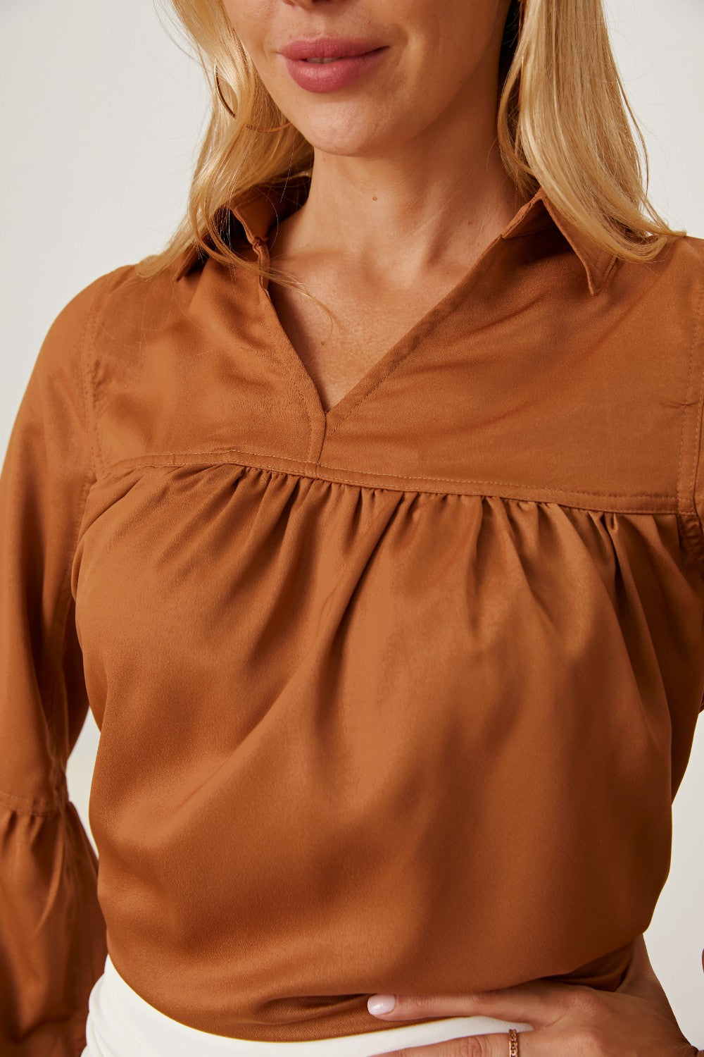 Balloon Sleeve Collared Neck Blouse Blouse Trendsi   