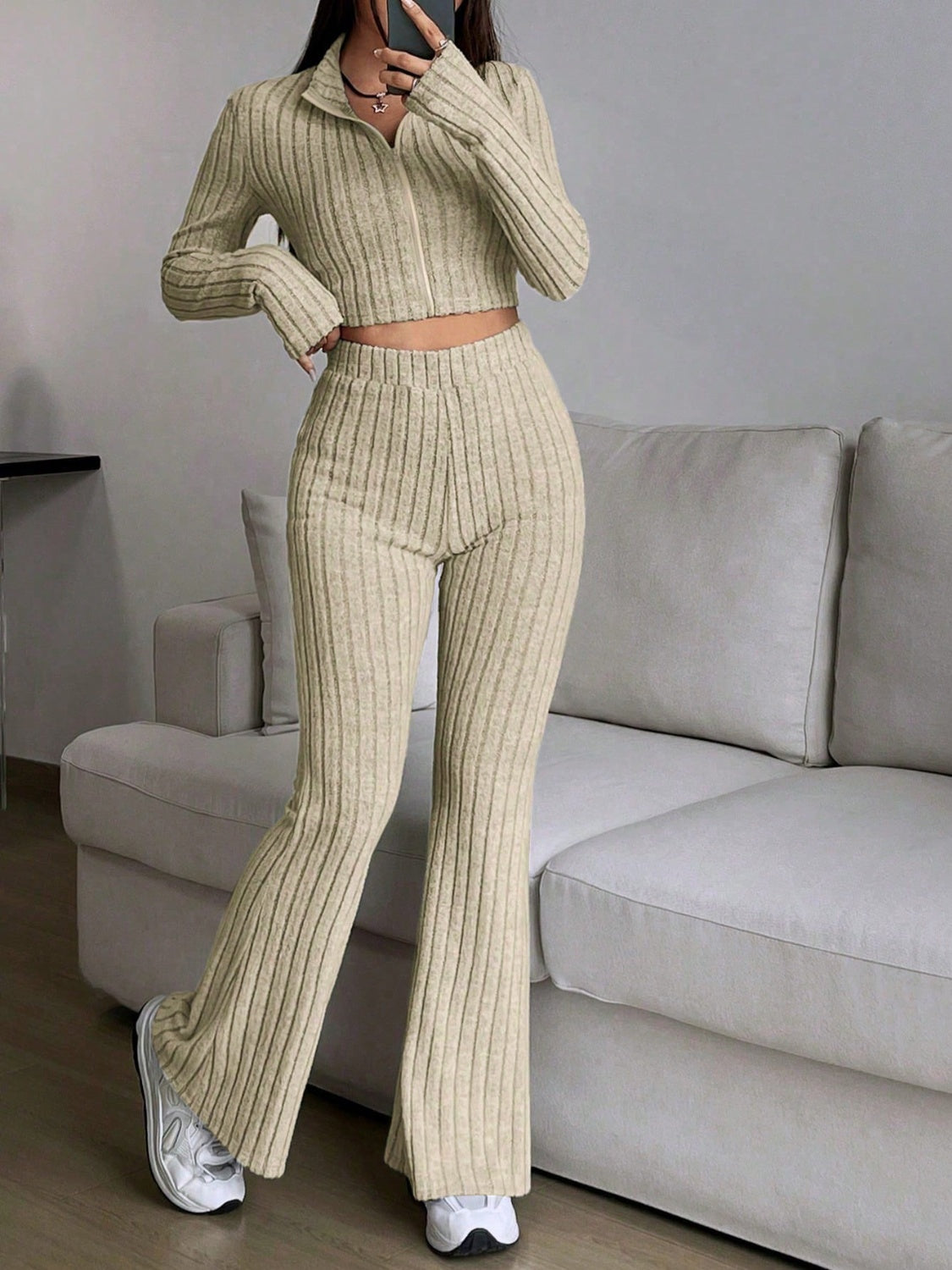 Honey Zip Up Long Sleeve Top and Pants Set  Trendsi   