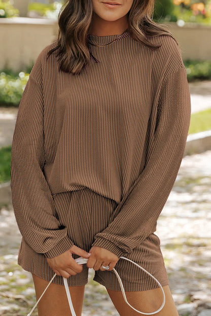 Round Neck Long Sleeve Top and Shorts Set  Trendsi Brown S 