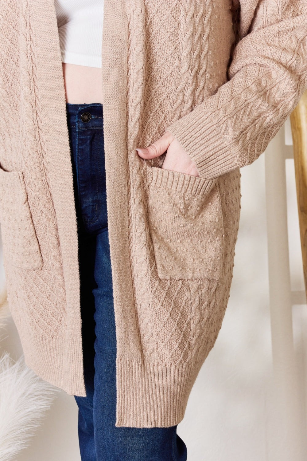 Hailey & Co Full Size Cable-Knit Pocketed Cardigan  Trendsi   