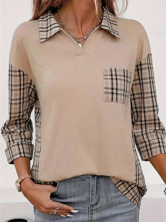 Plaid Johhny Collar Three-Quarter Sleeve T-Shirt T-Shirt Trendsi Dust Storm S 