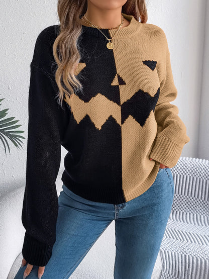 Contrast Round Neck Long Sleeve Sweater  Trendsi   