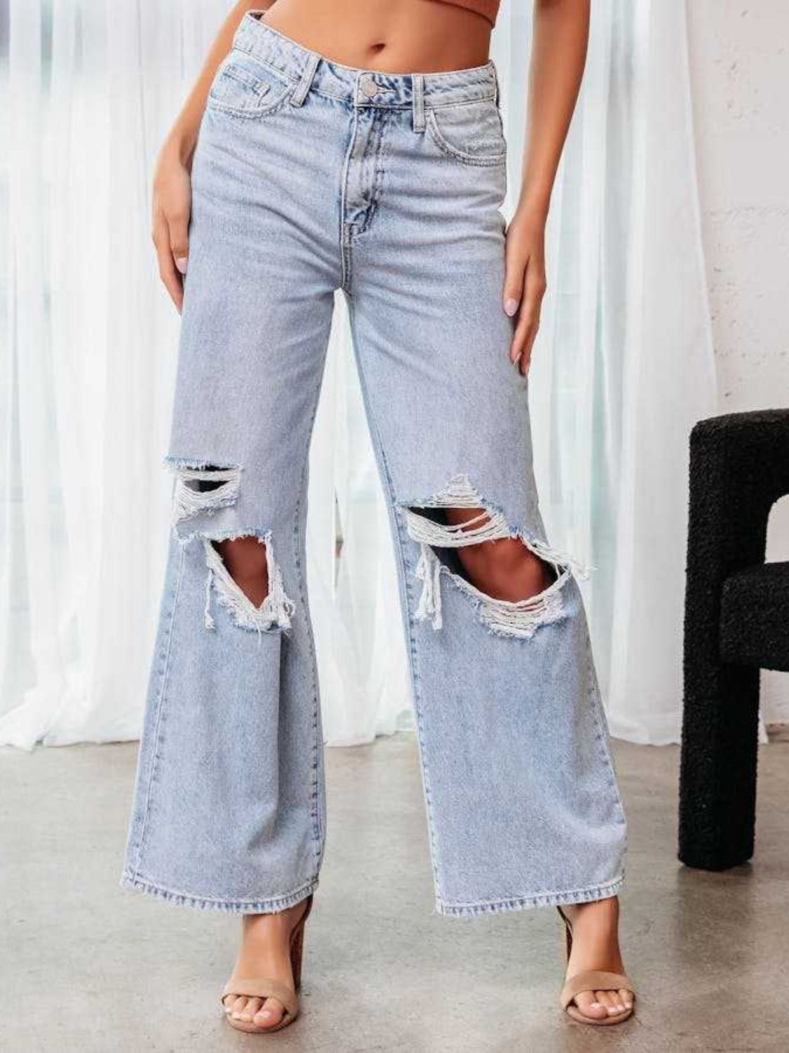 Distressed Wide Leg Jeans with Pockets  Trendsi Light S 