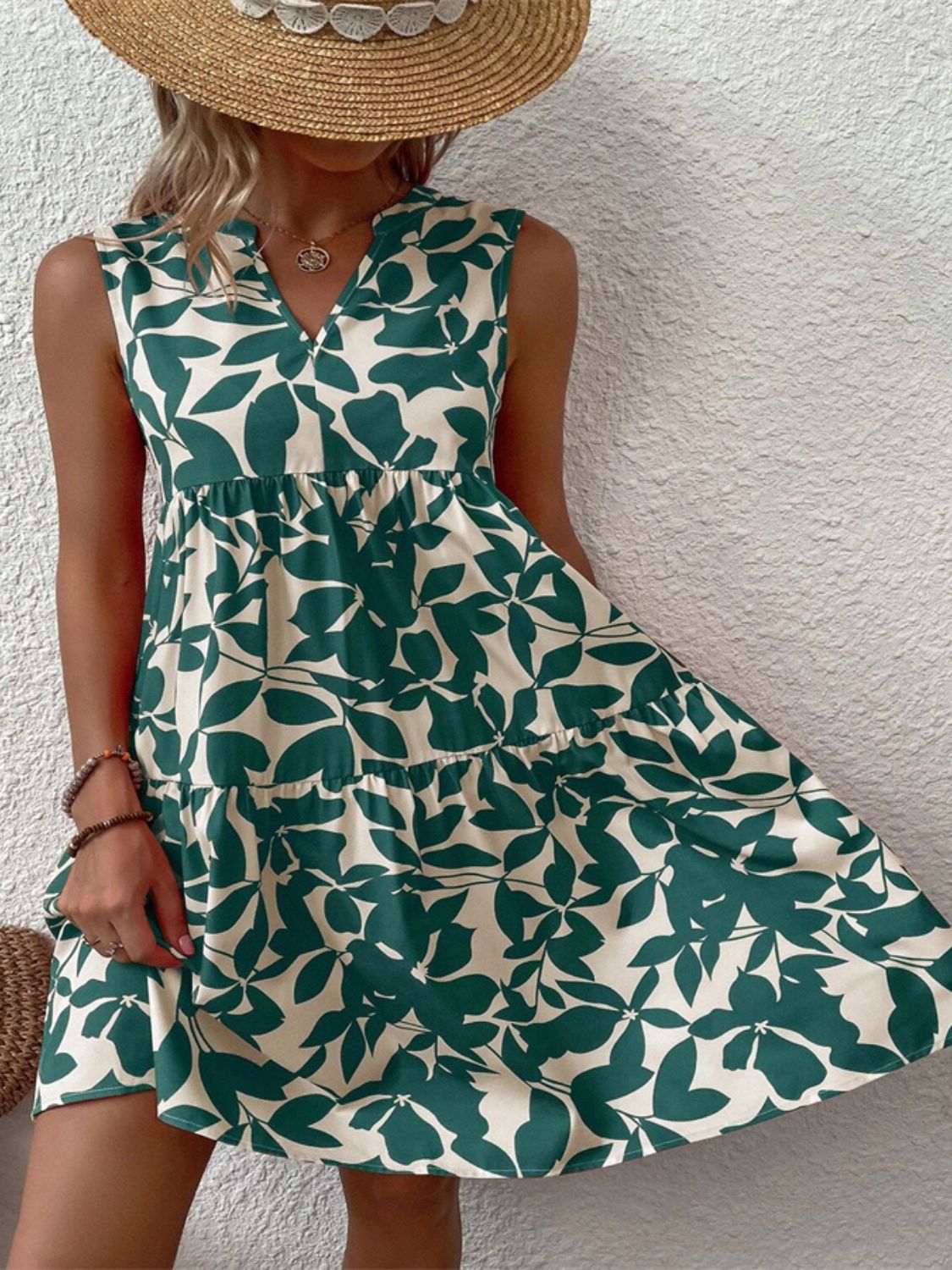 Printed Notched Sleeveless Mini Dress Dress Trendsi   