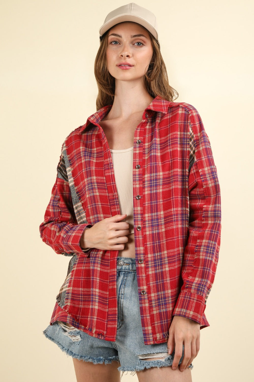 VERY J Contrast Plaid Raw Detail Shirt Luxe Trendsi Red S 