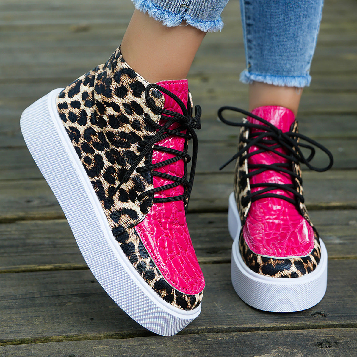 PU Leather Leopard Platform Sneakers  Trendsi Hot Pink 36(US5) 