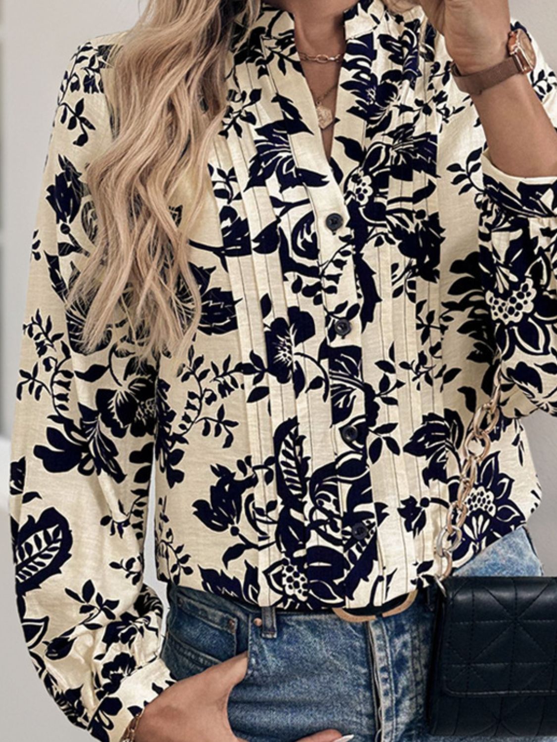 Perfee Printed Notched Long Sleeve Shirt  Trendsi   