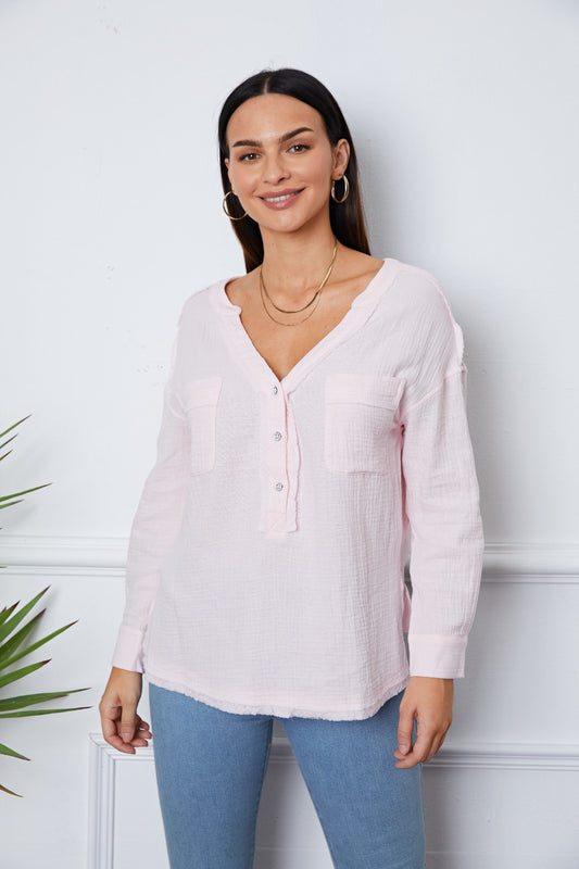 Texture Half Button Raw Hem Top Blouse Trendsi Blush Pink S 