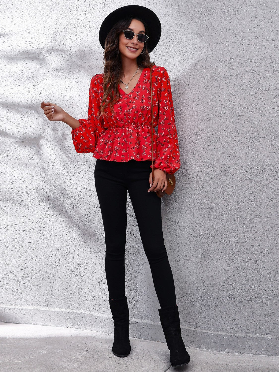 Floral V-Neck Balloon Sleeve Peplum Blouse Blouse Trendsi   