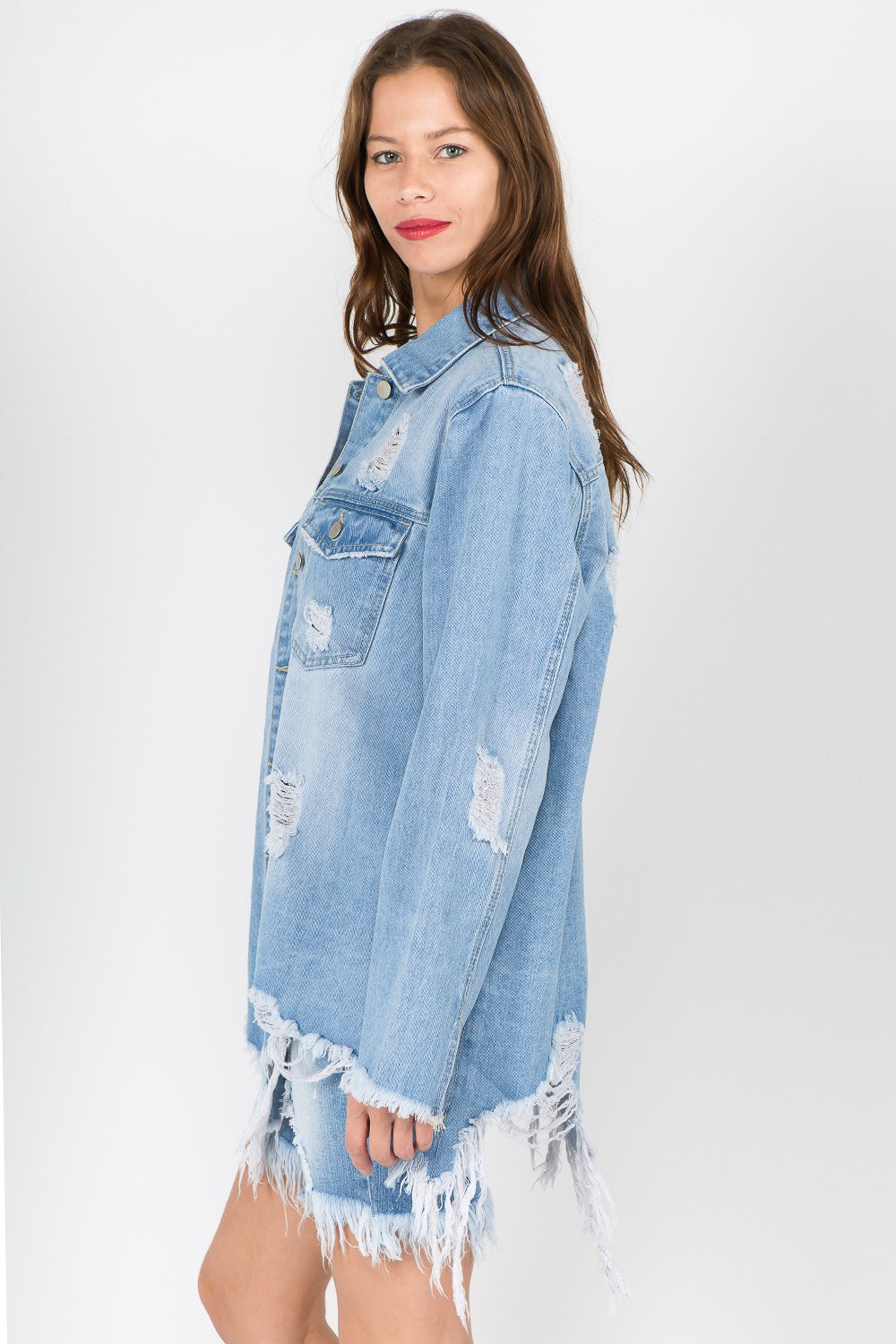 American Bazi Distressed Frayed Hem Denim Jacket  Trendsi   