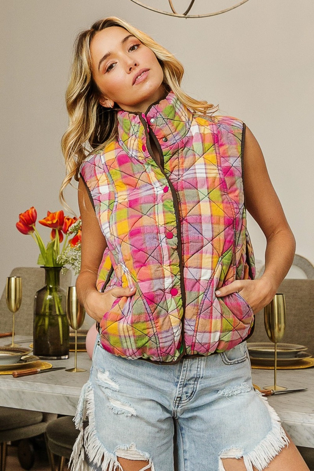 BiBi Quilted Washed Plaid Snap Down Vest Luxe Trendsi   