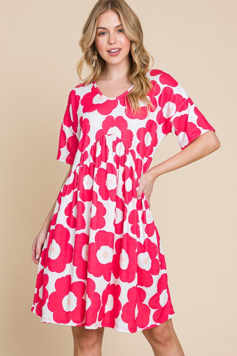 BOMBOM Flower Print Ruched Dress  Trendsi Fuchsia S 