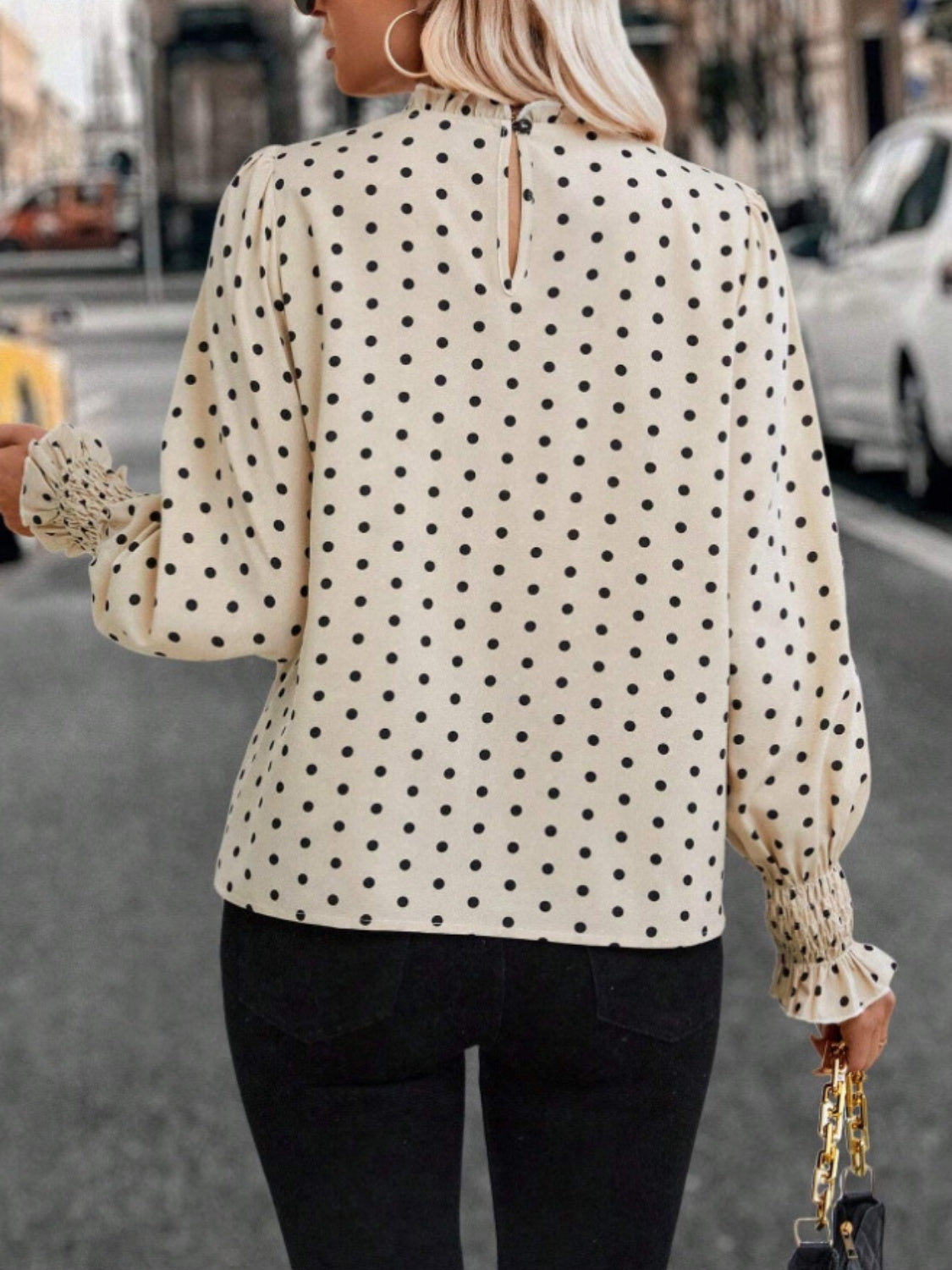 Polka Dot Mock Neck Long Sleeve Blouse  Trendsi   