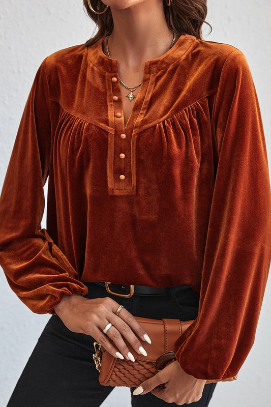 Ruched Decorative Button Notched Blouse Blouse Trendsi Brown S 