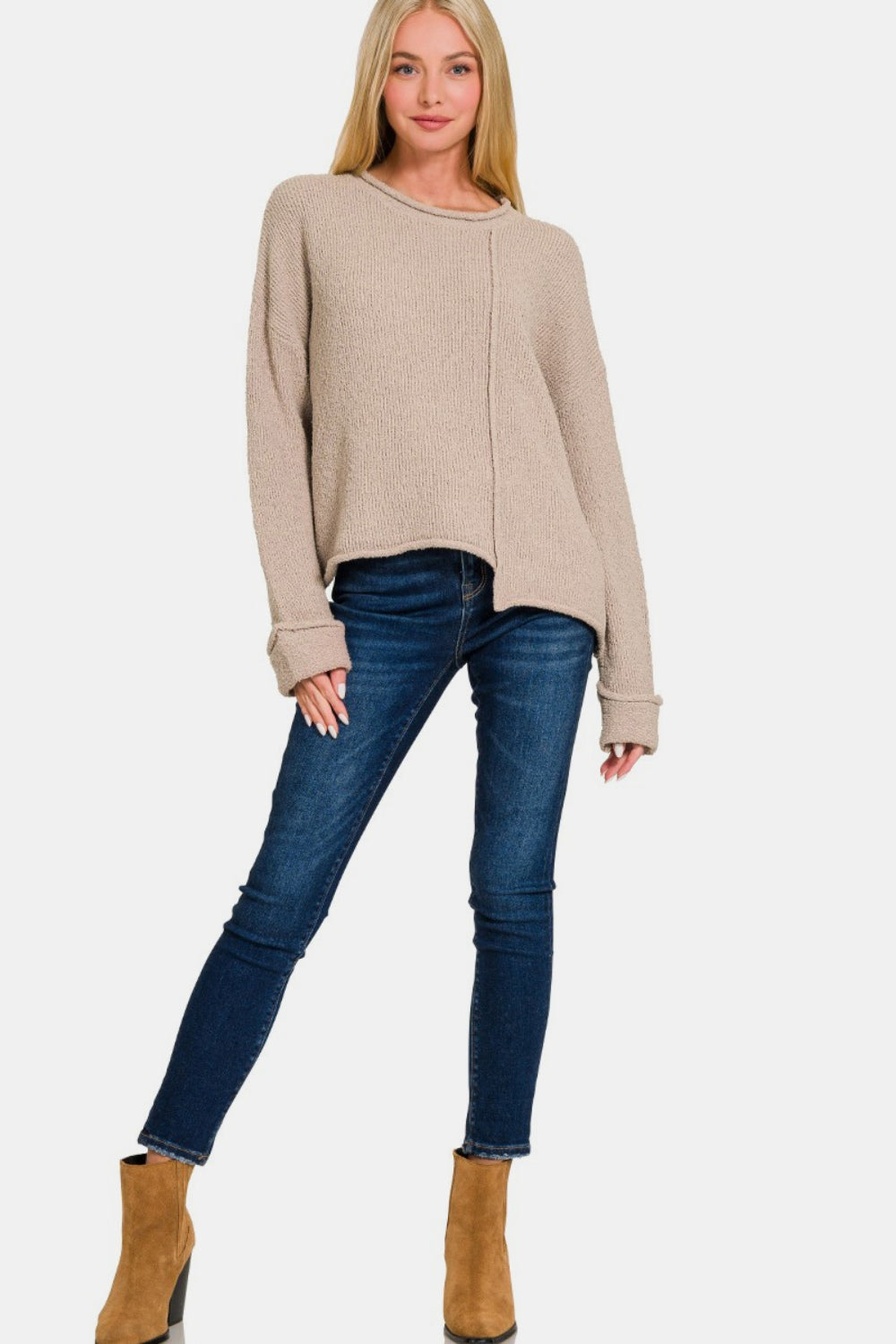 Zenana Asymmetric Hem Drop Shoulder Sweater  Trendsi   