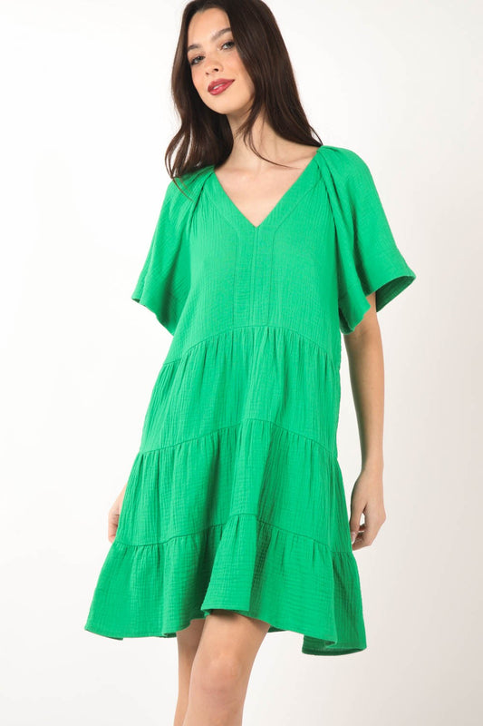 VERY J Texture V-Neck Ruffled Tiered Dress  Trendsi Green S 