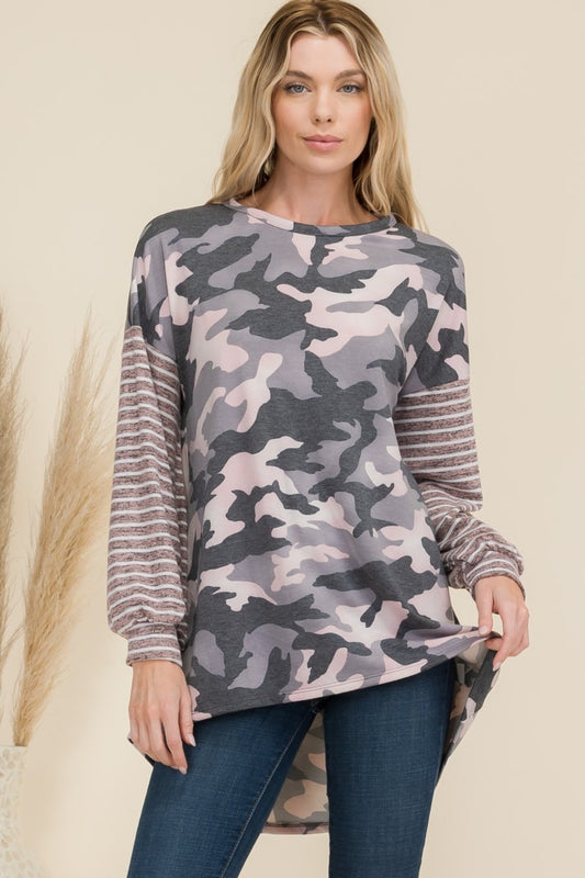 Celeste Full Size Camo Print High-Low T-Shirt with Stripe Sleeves  Trendsi Pink Camo S 