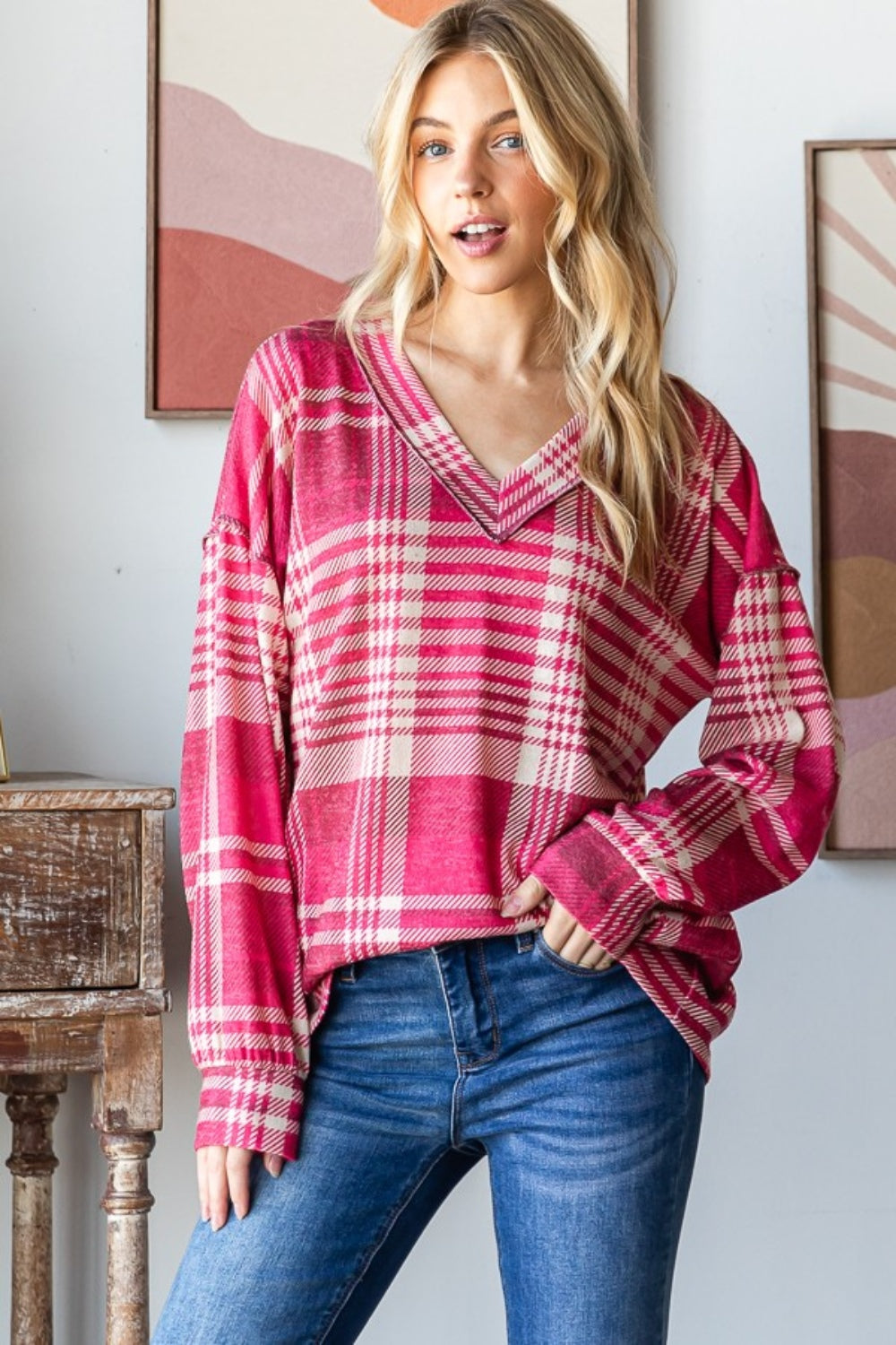 Heimish Plaid Drop Shoulder V-Neck T-Shirt  Trendsi   