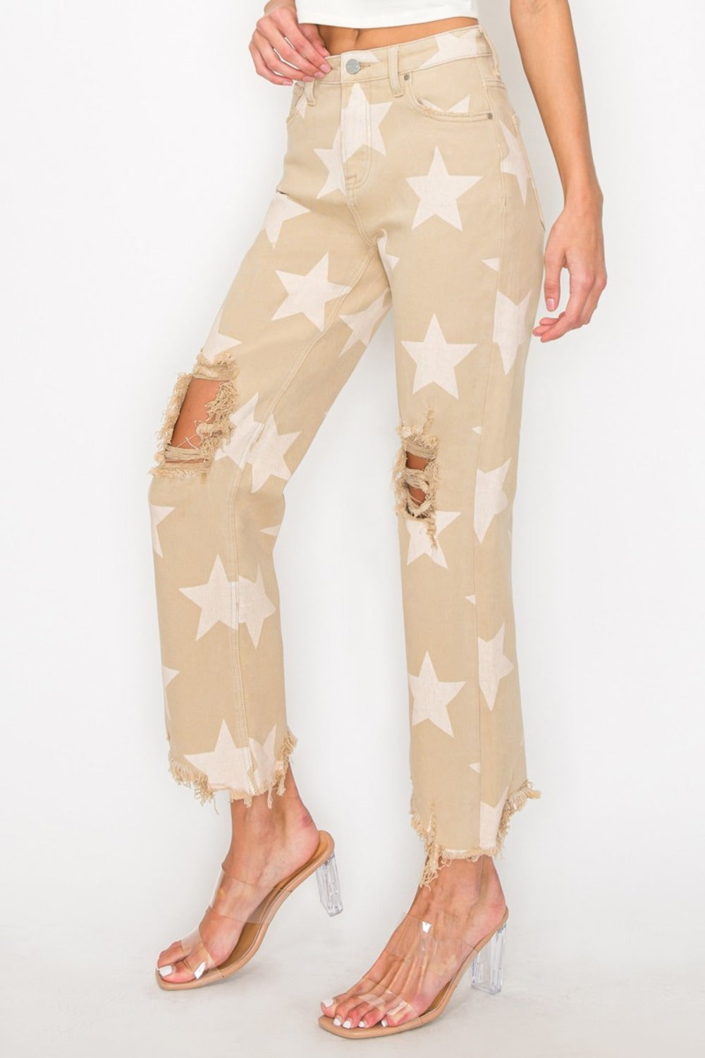 RISEN Full Size High Rise Star Printed Frayed Hem Jeans  Trendsi   