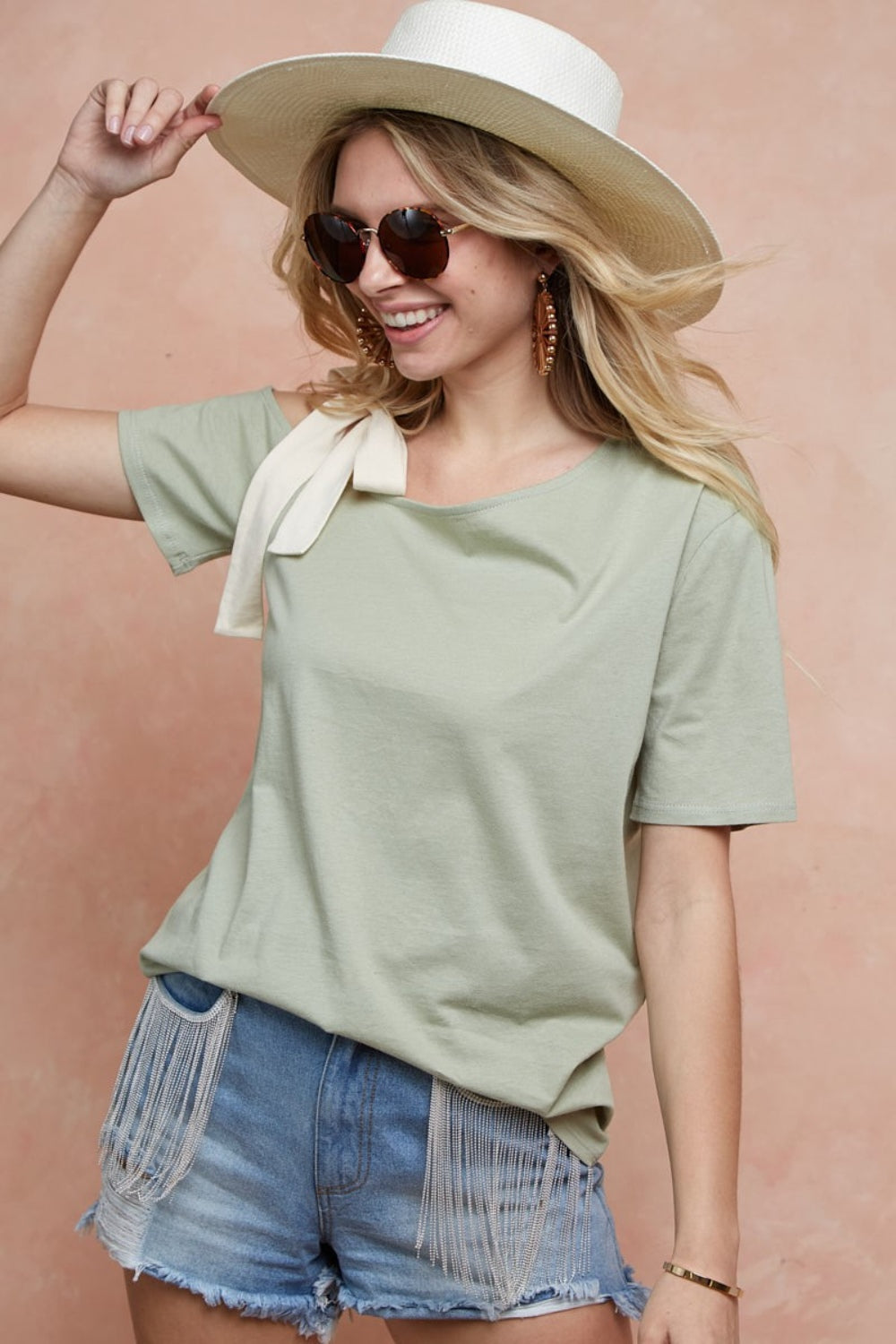 BiBi Tied Ribbon One Shoulder Short Sleeve T-Shirt  Trendsi   