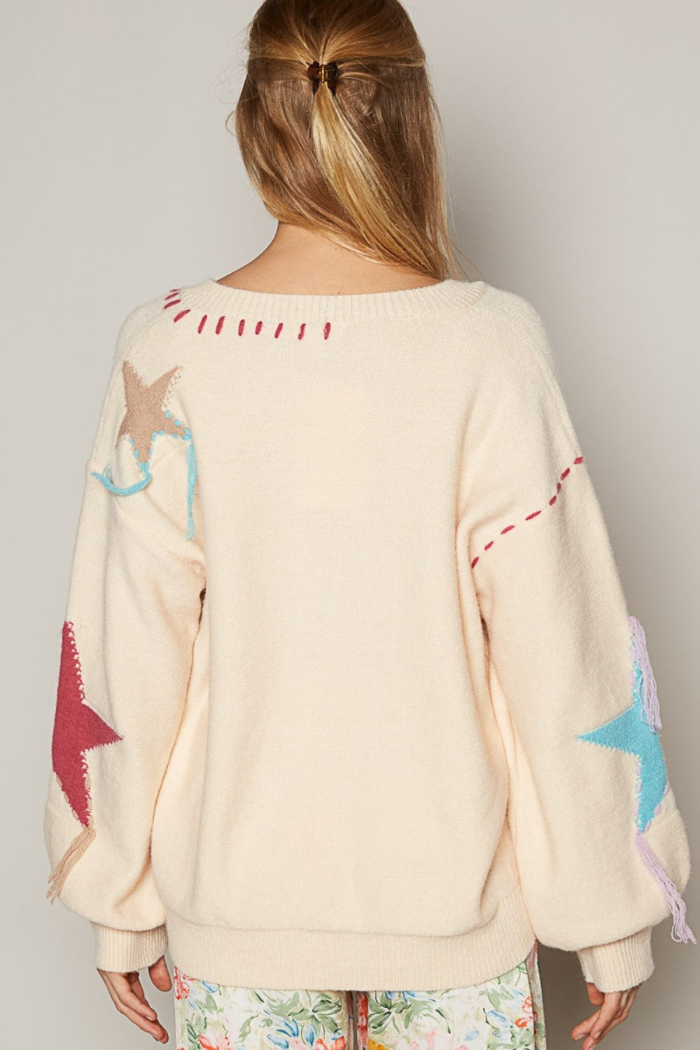 POL V-Neck Long Sleeve Star Fringe Sweater  Trendsi   