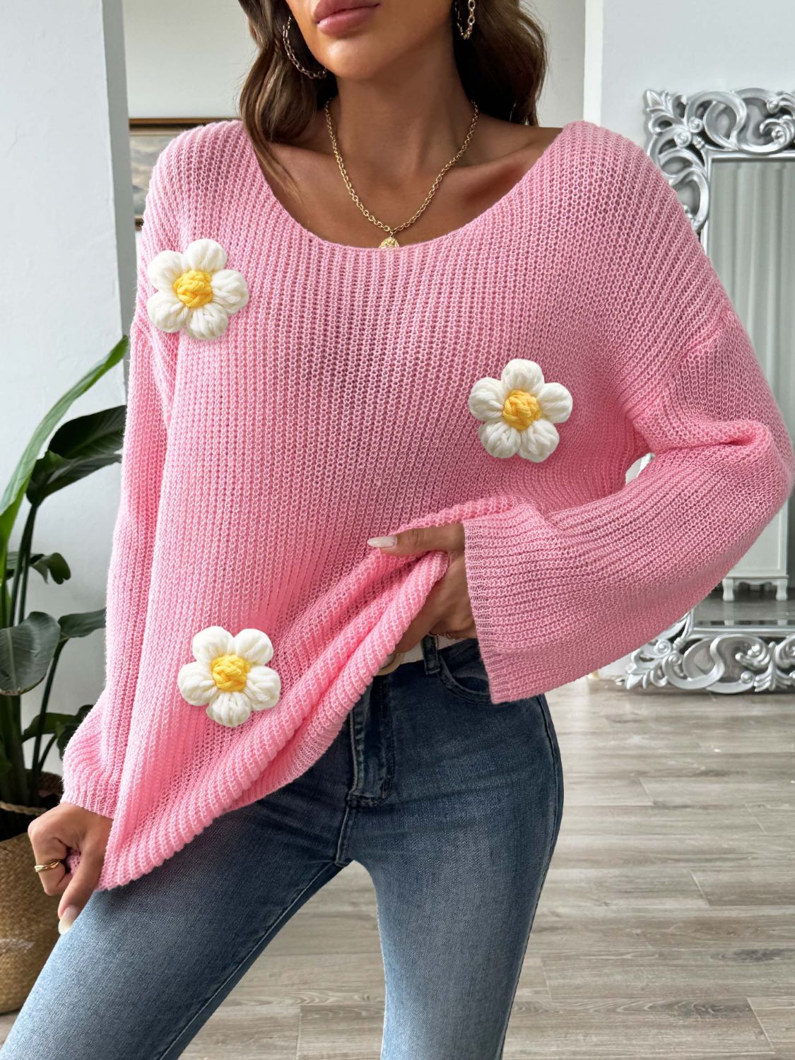 Flower Round Neck Long Sleeve Sweater  Trendsi Dusty Pink S 