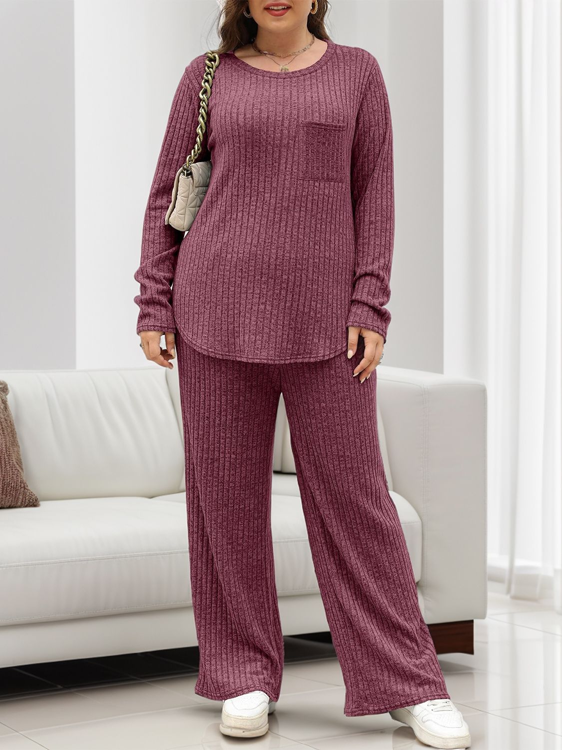 Round Neck Long Sleeve Top and Pants Set  Trendsi   