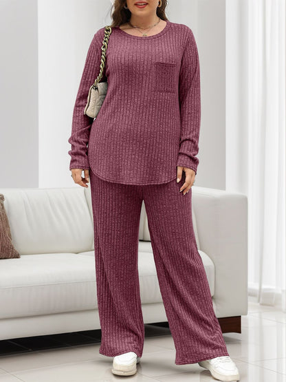 Round Neck Long Sleeve Top and Pants Set  Trendsi   