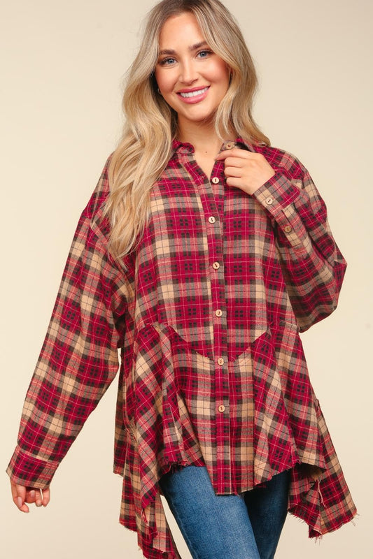 Haptics Plaid Button Down Sharkbite Shirt  Trendsi Burgundy/Taupe S 