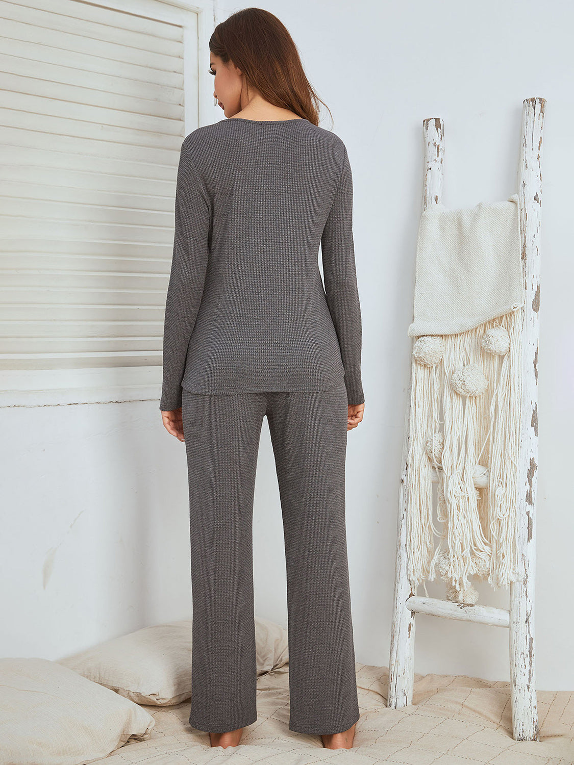 Notched Long Sleeve Top and Pants Set  Trendsi   