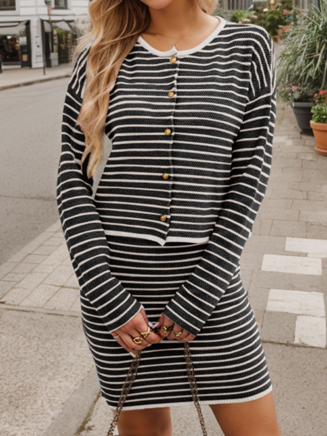 Striped Long Sleeve Top and Skirt Set  Trendsi   