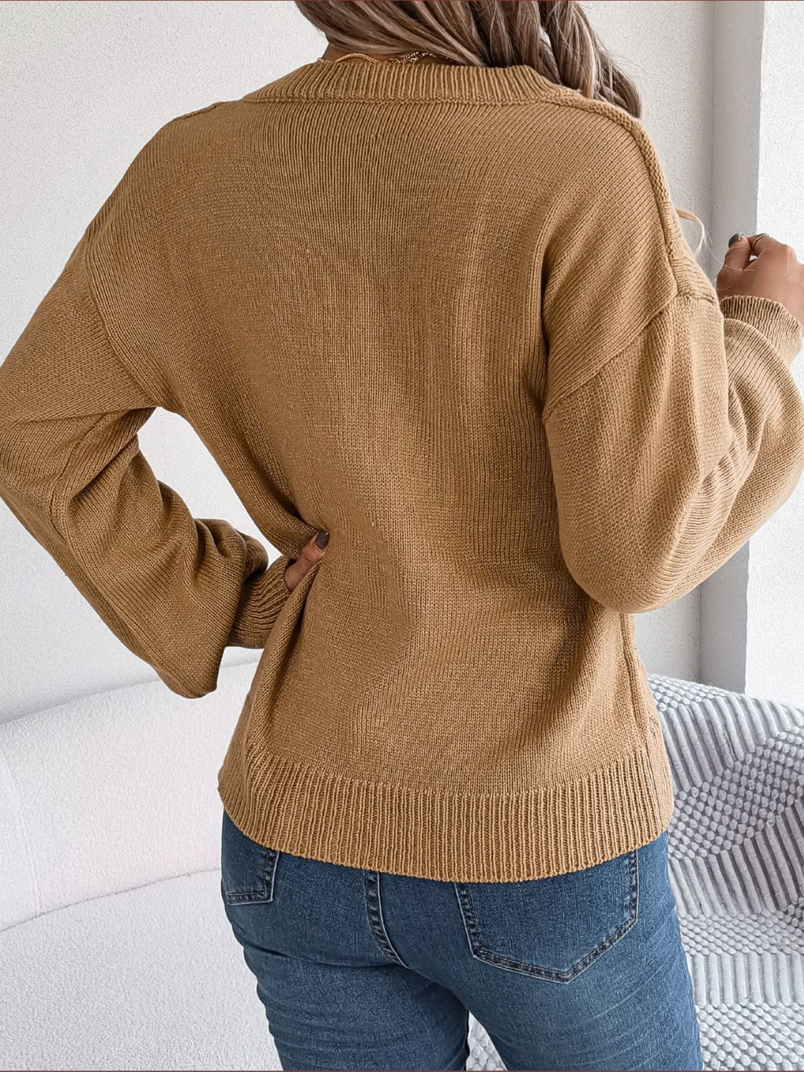 Cable-Knit Buttoned V-Neck Sweater  Trendsi   