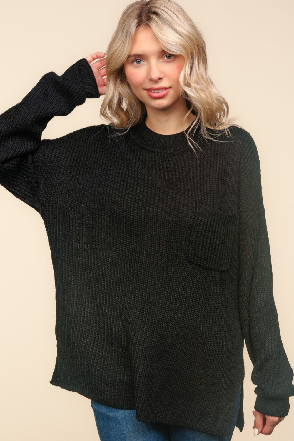 Haptics Mock Neck Side Slit Knit Top  Trendsi Black S 