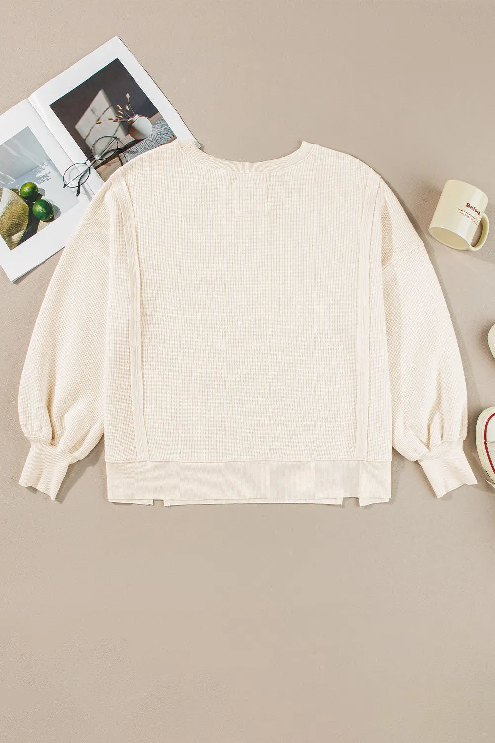 Slit Waffle-Knit Round Neck Long Sleeve Top Blouse Trendsi   